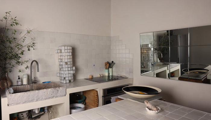 how to elevate white tile with a bold installation pattern