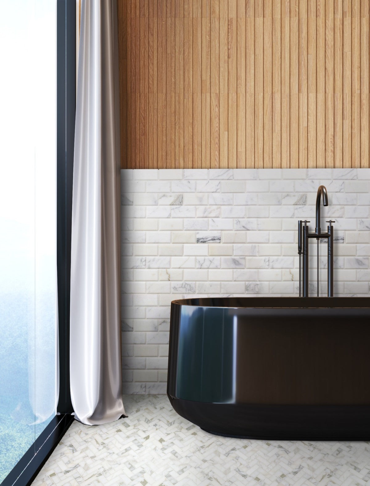 a white tiled bathroom with a black bathtub and large window.