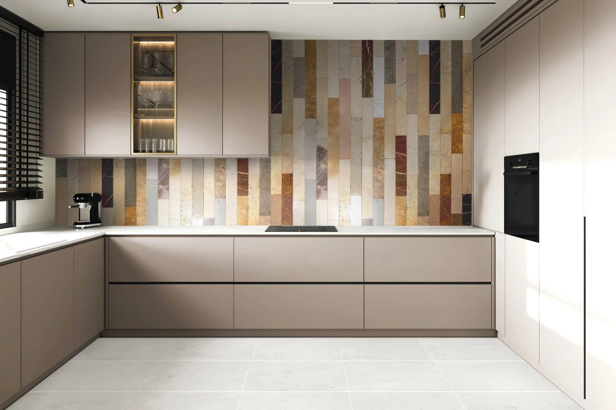 Modern kitchen with matte beige cabinets, built-in appliances, a coffee machine, and a multicolored vertical tile backsplash. Natural light enters through window blinds on the left.