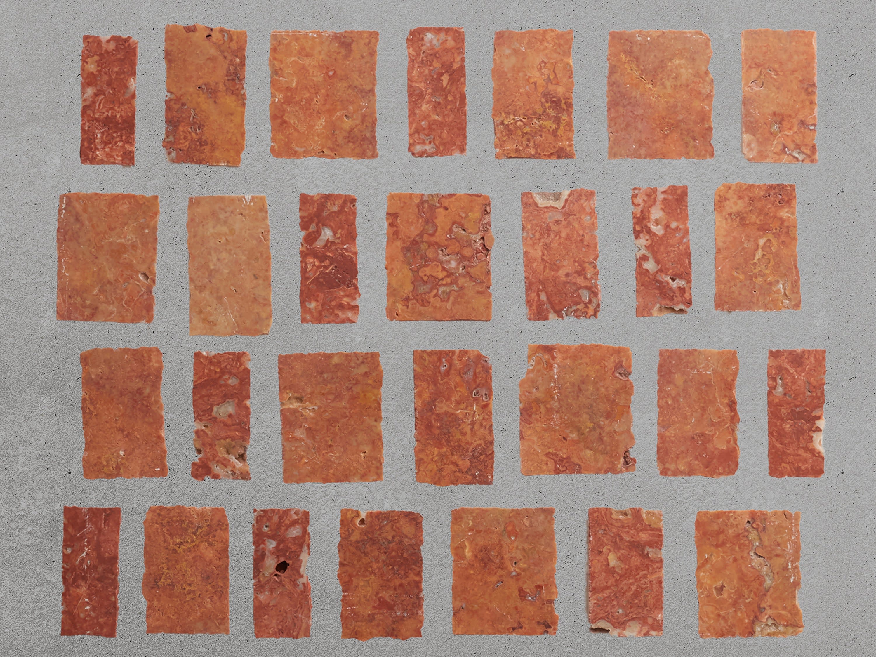 red travertine | rough cut mosaic tile | lapidary | clé tile