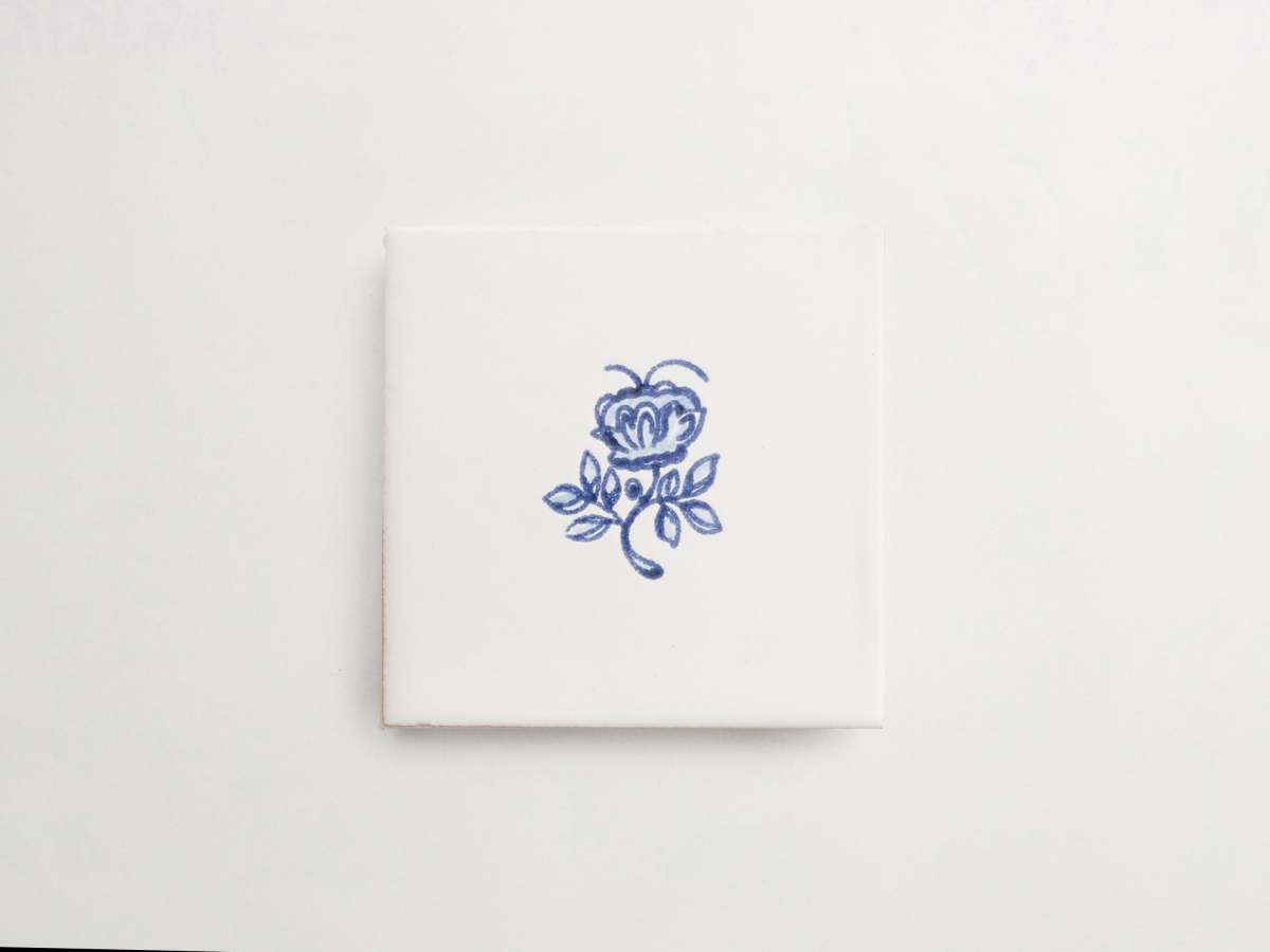 Square blue and white flower ceramic tile majolica delft.