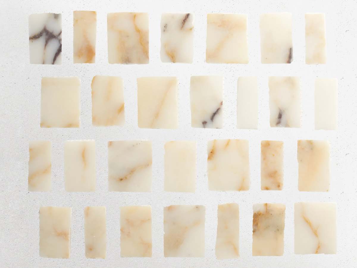 Calacatta viola marble mosaic tile large joint.