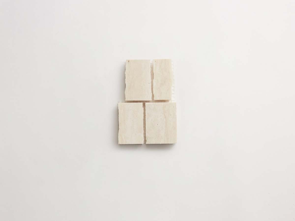 clé lapidary: rough cuts | rough cut mosaic sheet (standard joint) | honed | beige travertine | sample ~ 3"x4½"x⅜"