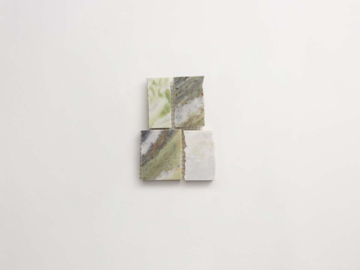 clé lapidary: rough cuts | rough cut mosaic sheet (standard joint) | honed | jade green | sample ~ 3"x4½"x⅜"