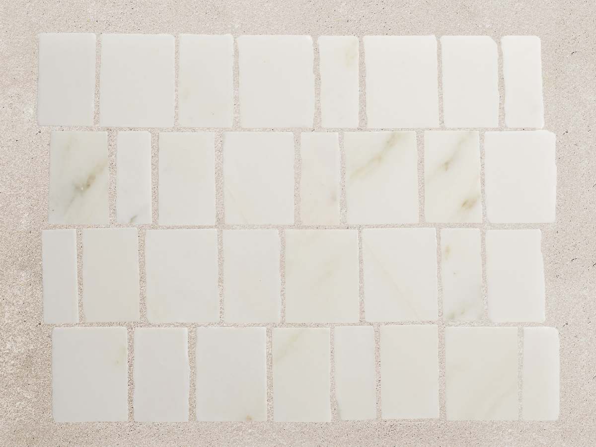 Calacatta gold mosaic tile rough cut lapidary.