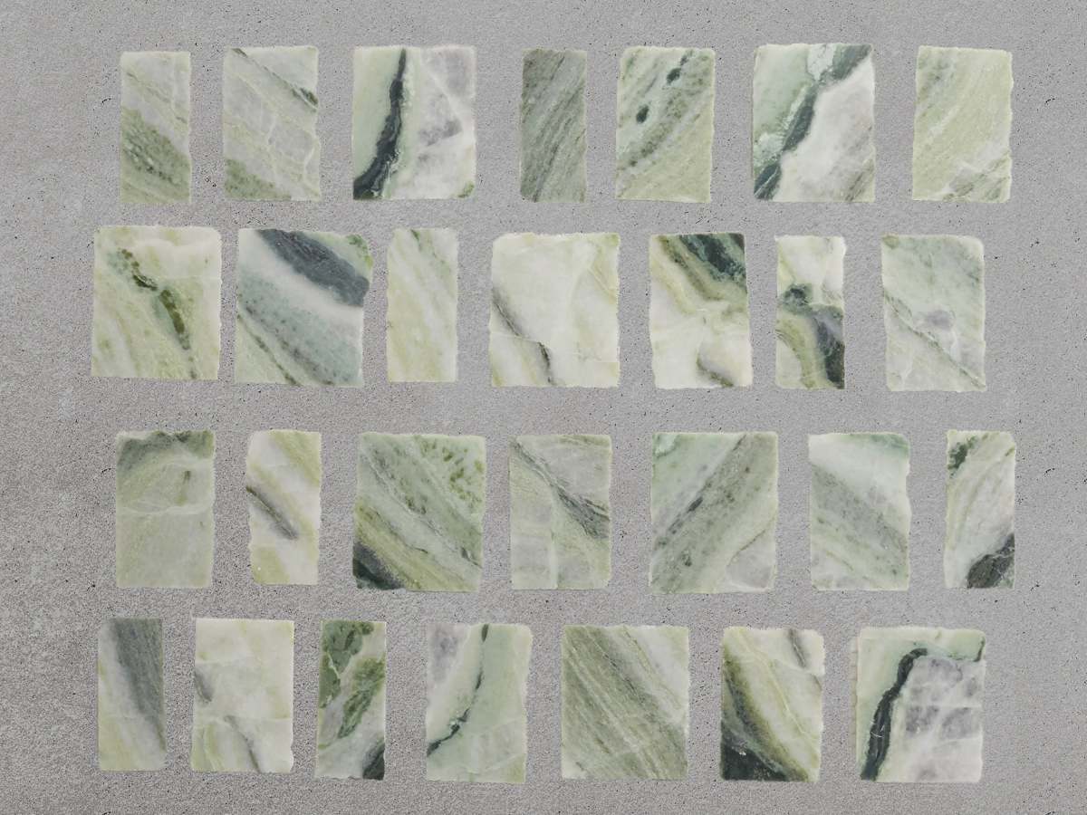 Green marble mosaic tile large joint lapidary tile.