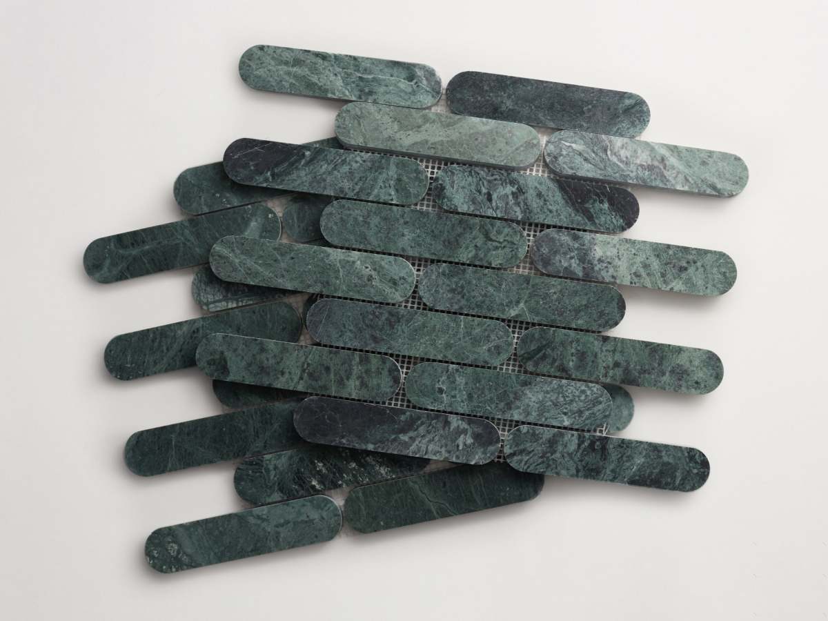 Green verde marble mosaic tile oval lapidary.