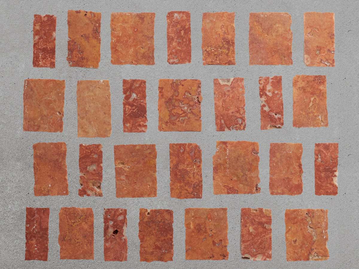 Red travertine rough cut mosaic tile lapidary tile.