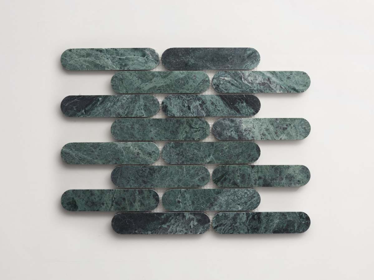 Green verde marble mosaic tile oval lapidary.