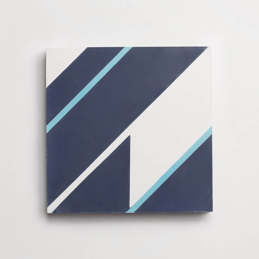 A square tile featuring diagonal navy blue and light blue stripes on a white background.