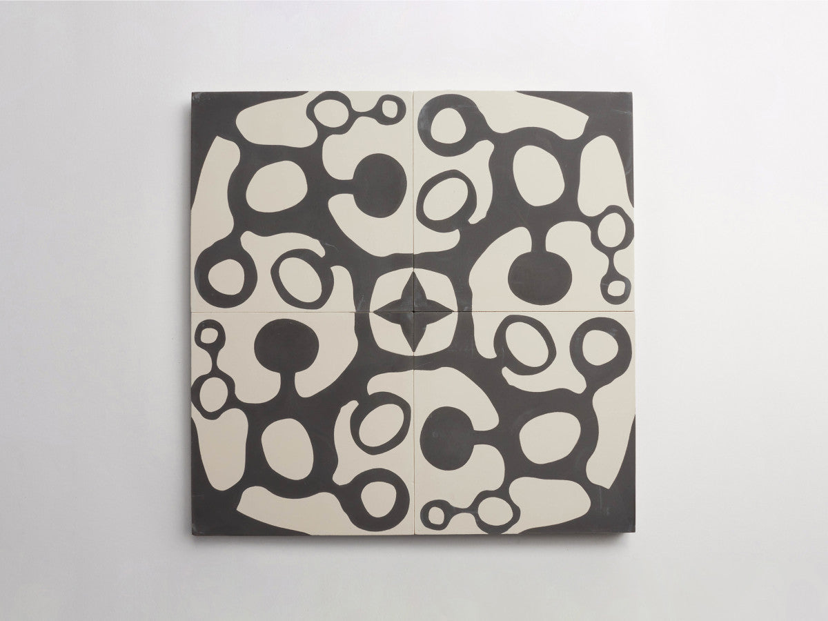 Ruan Hoffmann cement tile Paris Fizz pattern White, Grey.