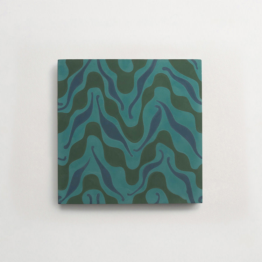 A square canvas on a white wall with an abstract wavy pattern in dark green, teal, and blue colors.