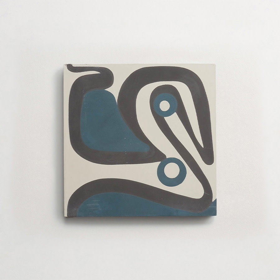 A square canvas with abstract shapes in black and blue on a white background, featuring curved lines and two circular forms.