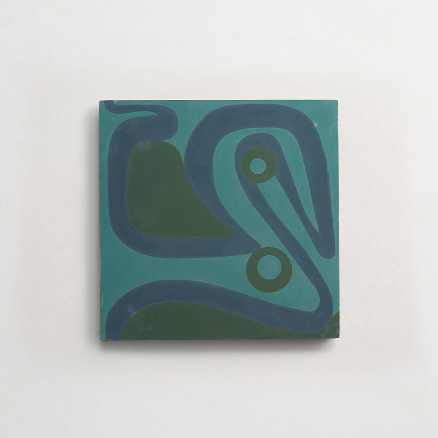 A square painting featuring abstract curved shapes and circles in shades of blue and green on a light background.