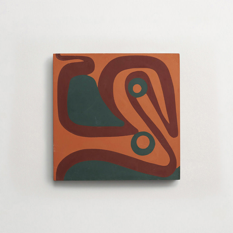 Square abstract painting features curved maroon lines and green shapes on an orange background, mounted on a plain white wall.