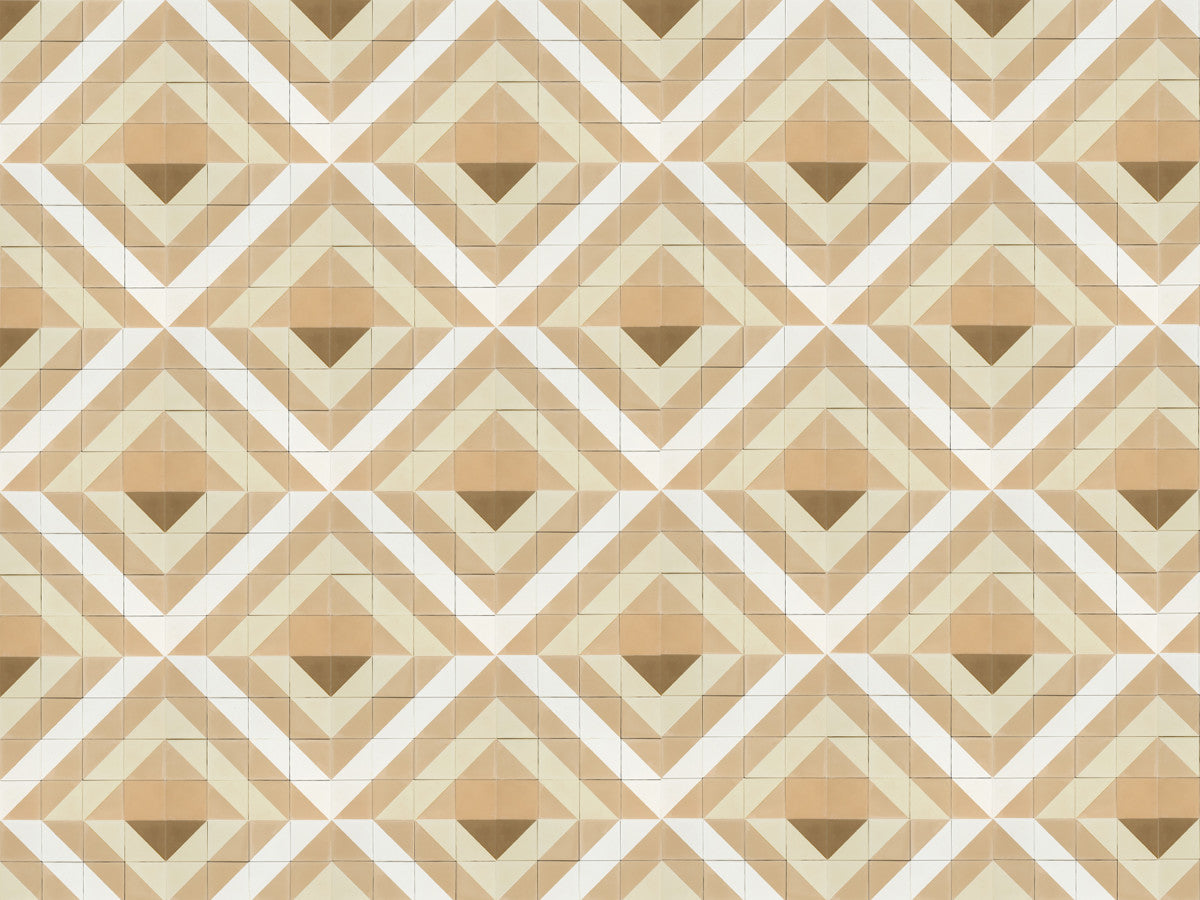 Geometric pattern of overlapping diamond shapes in shades of beige, tan, and white, forming a symmetrical, repeating tile design.