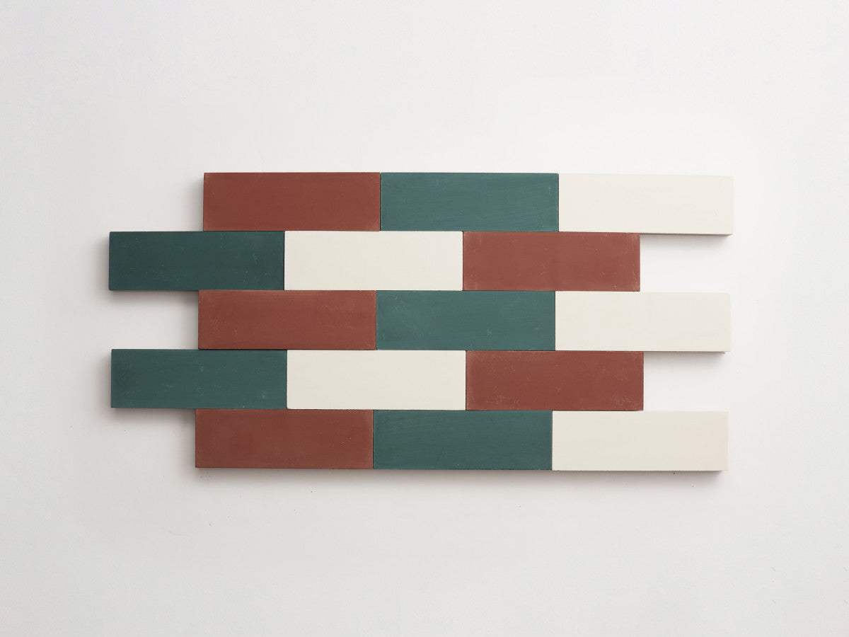 Cement Checkerboard Tile Trio 6x2 Brown, Forest Green, White.