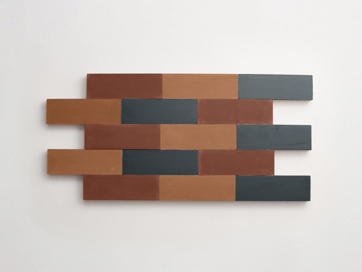 Cement Checkerboard Tile Trio 6x2 Brown, Blue, Tan.
