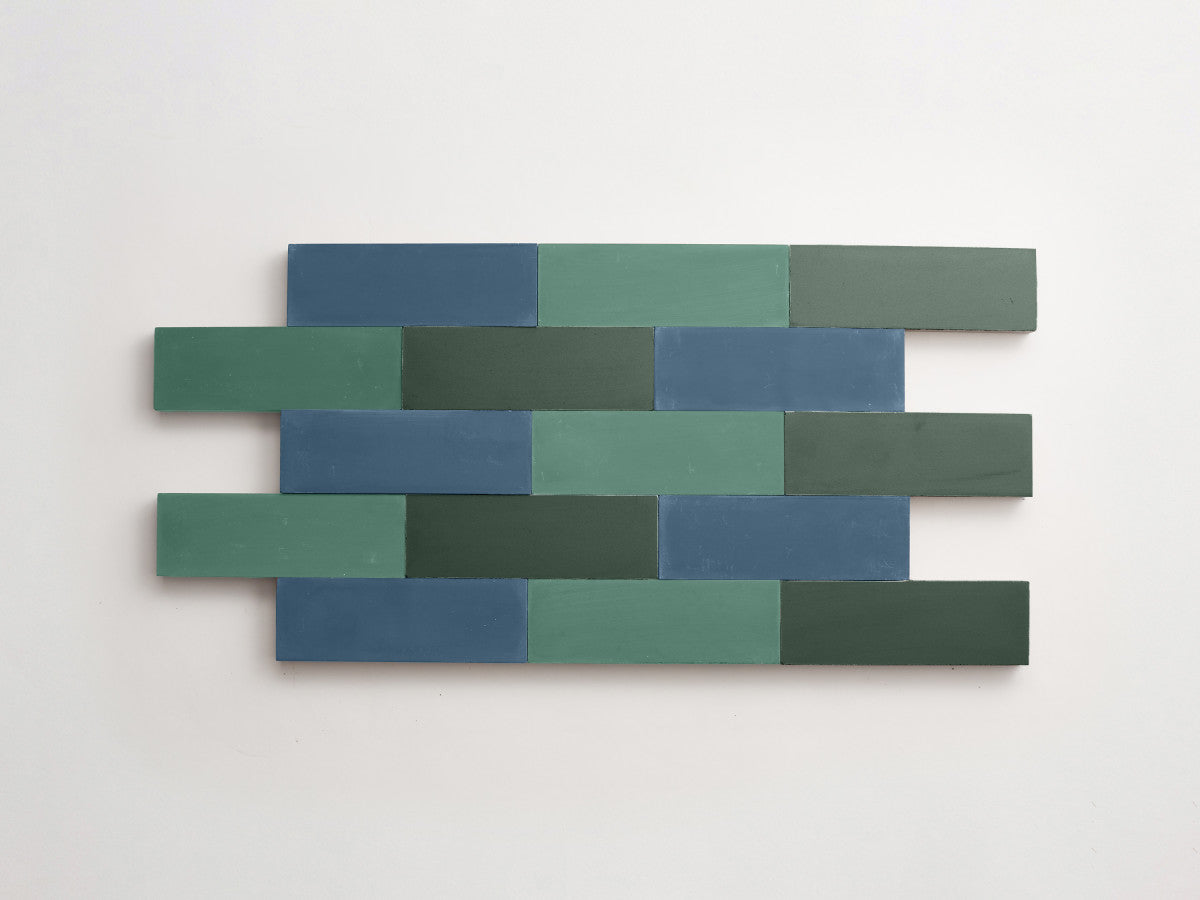 Cement Checkerboard Tile Trio 6x2 Green, Blue, Green.