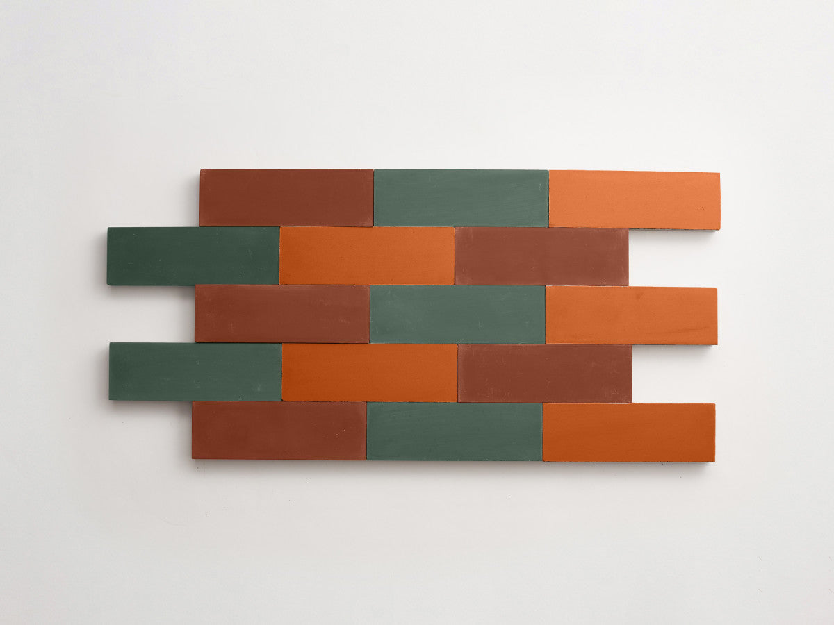 Cement Checkerboard Tile Trio 6x2 Green, Brown, Orange.