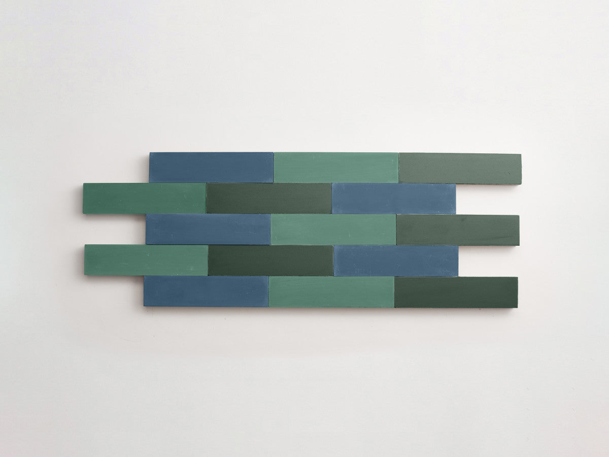 Cement Checkerboard Tile Trio 8x2 Green, Blue, Green.