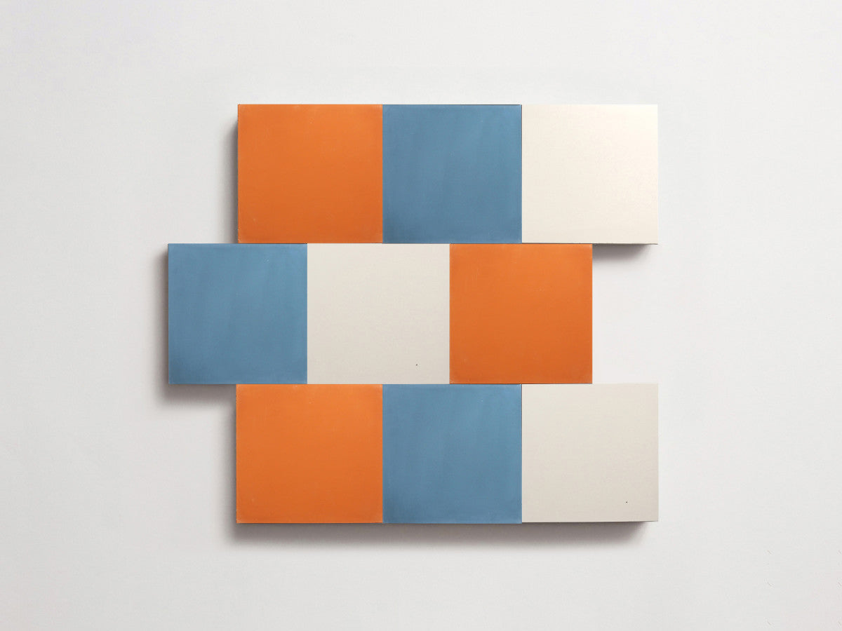 Cement Checkerboard Tile Trio 4x4 Orange, White, Blue.