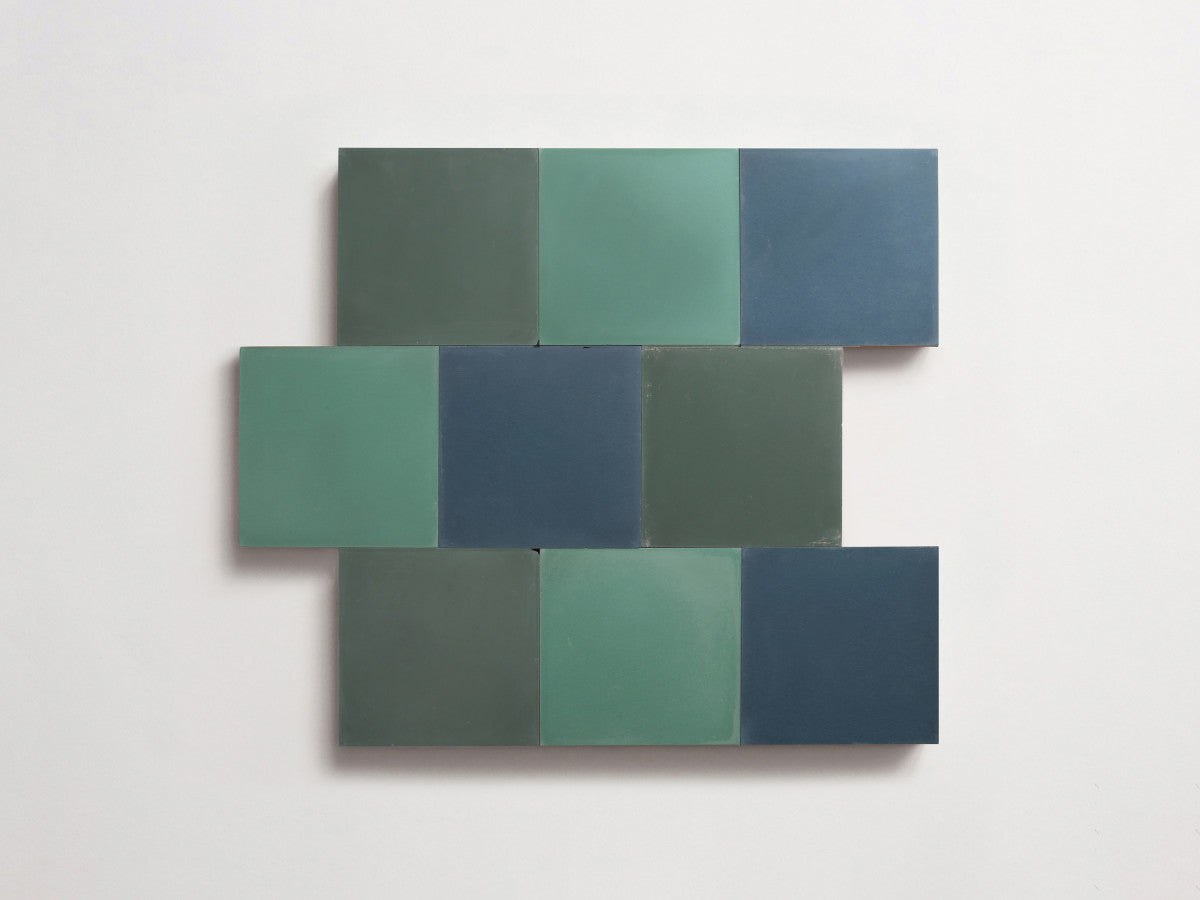 Cement Checkerboard Tile Trio 4x4 Green, Blue, Green.