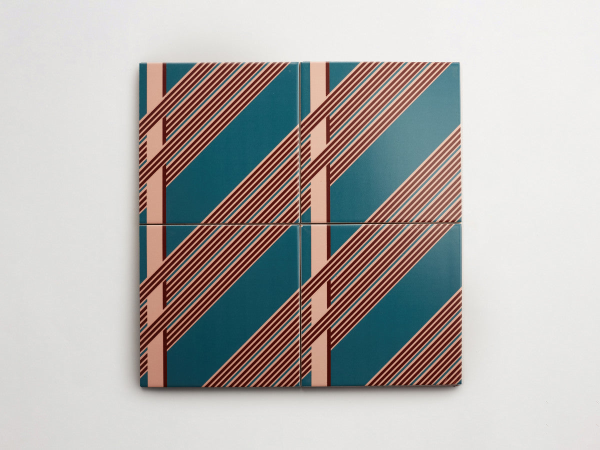 Italian designer ceramic tile Blue Interwoven Stripe Side.