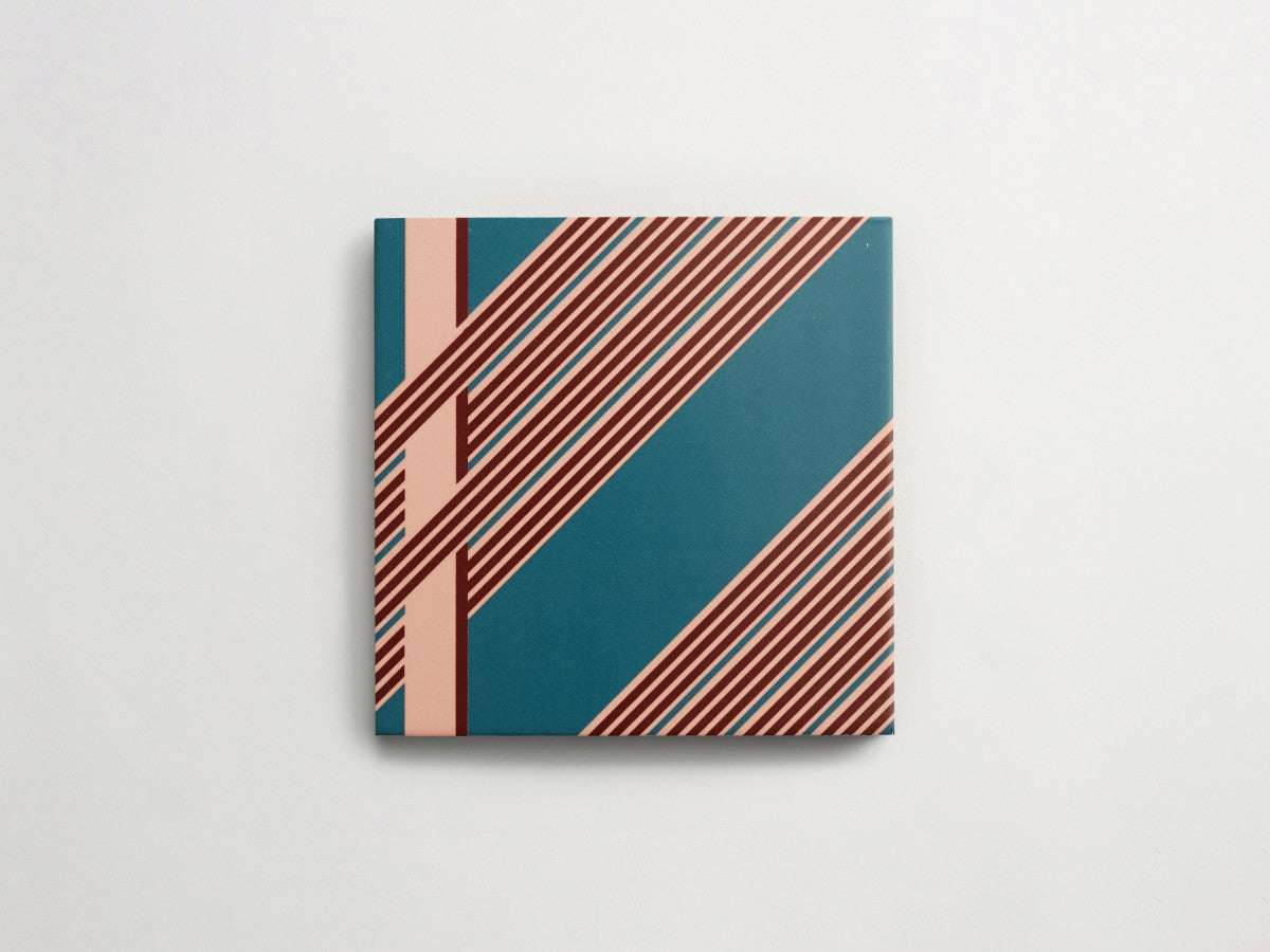 Italian designer ceramic tile Blue Interwoven Stripe Side.