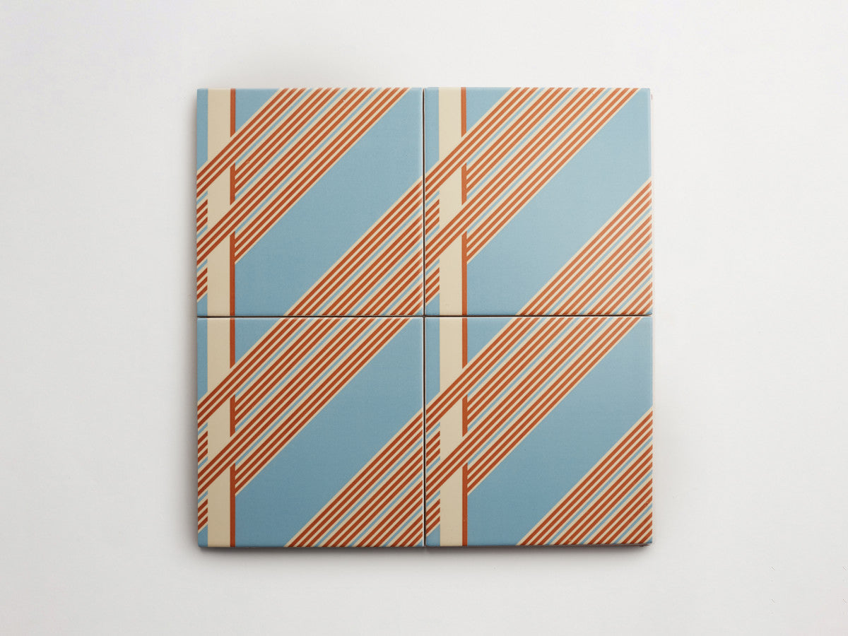 Italian designer ceramic tile Blue Interwoven Stripe Side.
