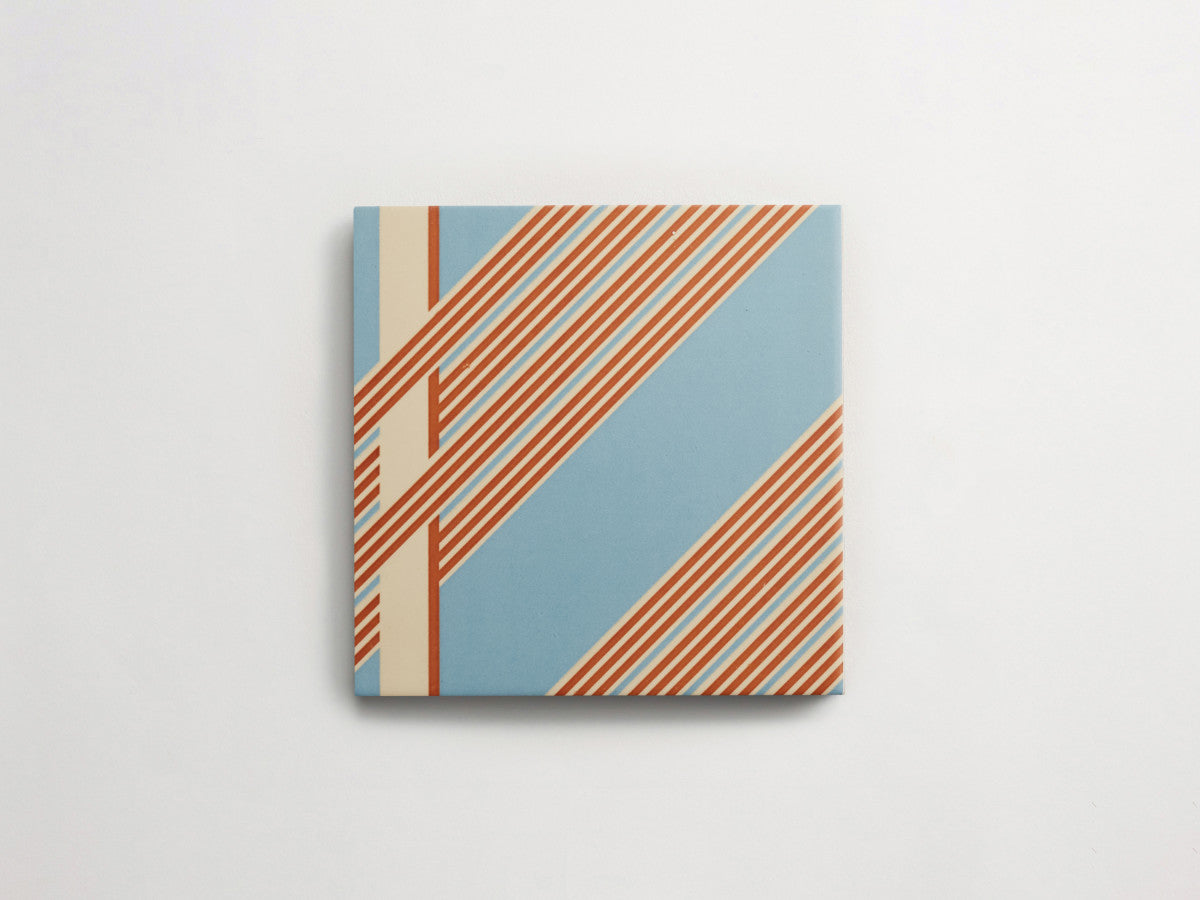 Italian designer ceramic tile Blue Interwoven Stripe Side.