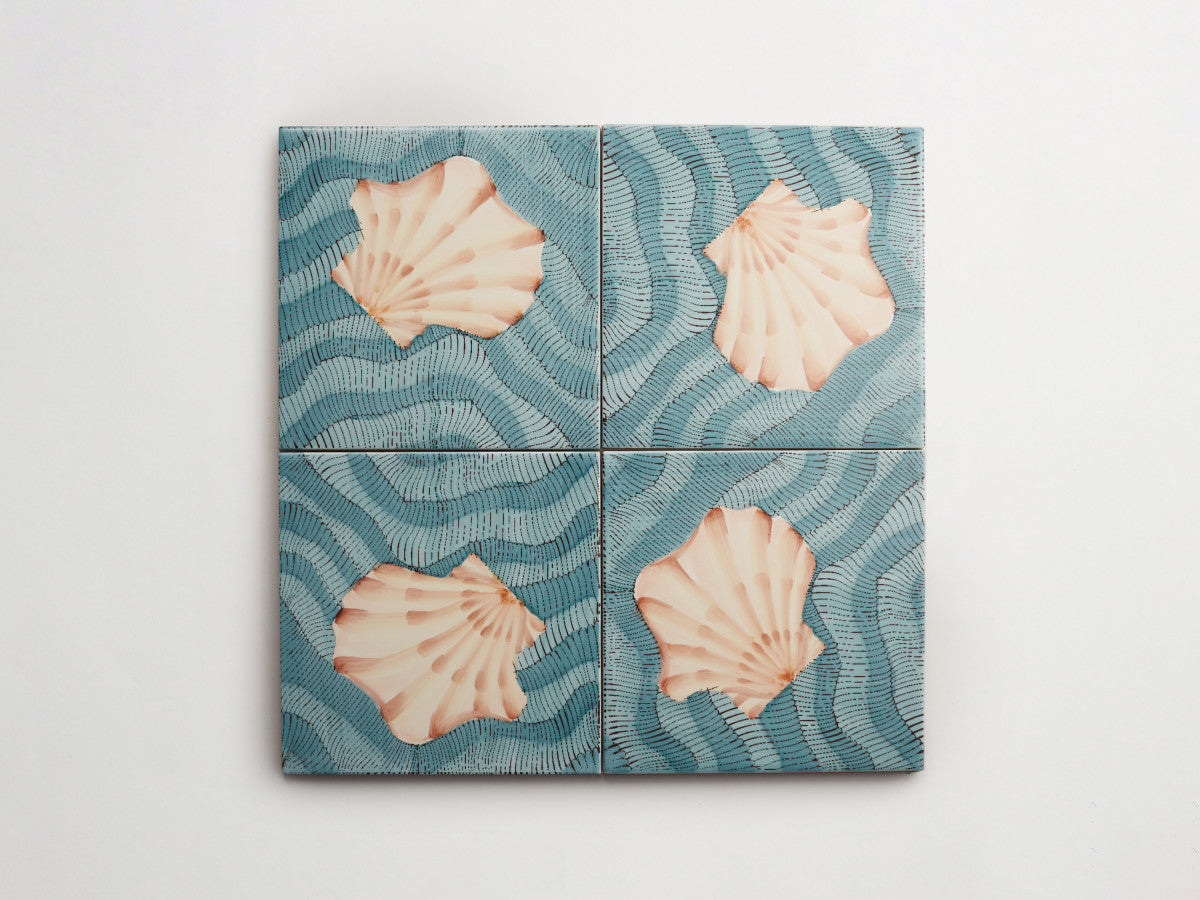 Italian designer ceramic tile Blue Seashell Motif 1.