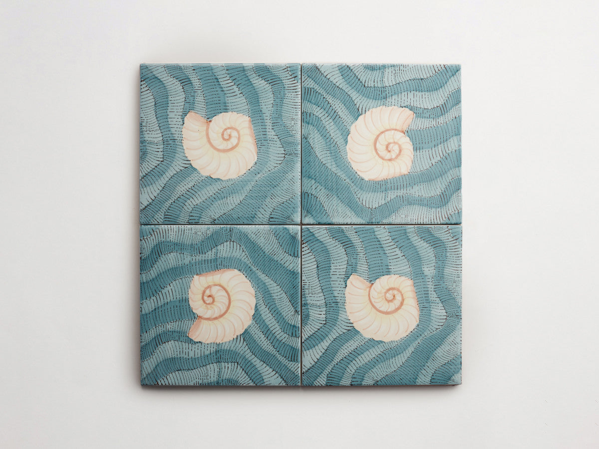 Italian designer ceramic tile Blue Seashell Motif 4.