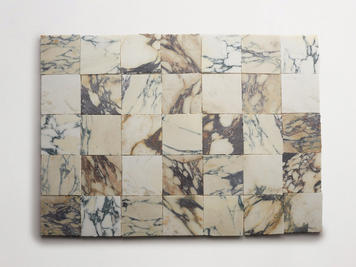 Lapidary stone tile 4 in. square Calacatta White Honed.