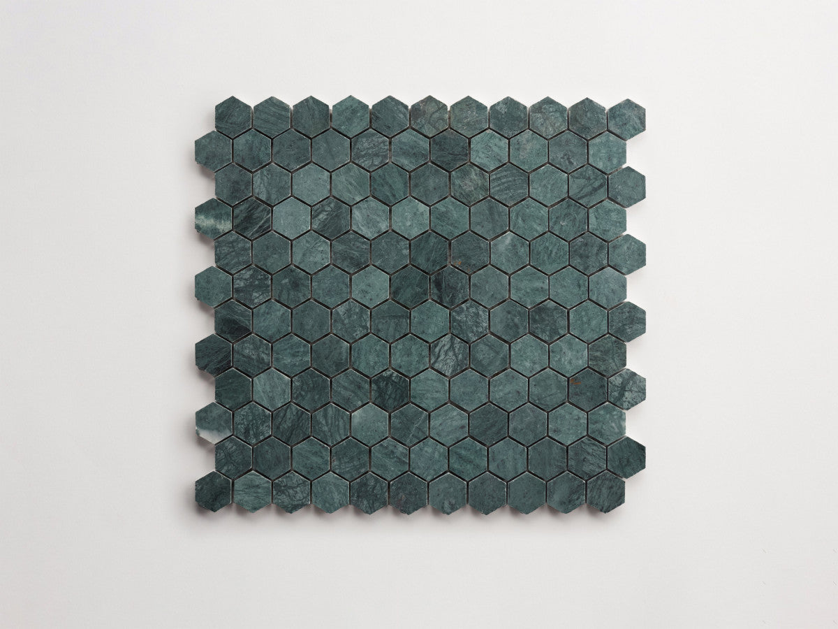clé lapidary: pietrelle | petite hex mosaic sheet | honed | verde marble ~ 1"x1⅛"x⅜"