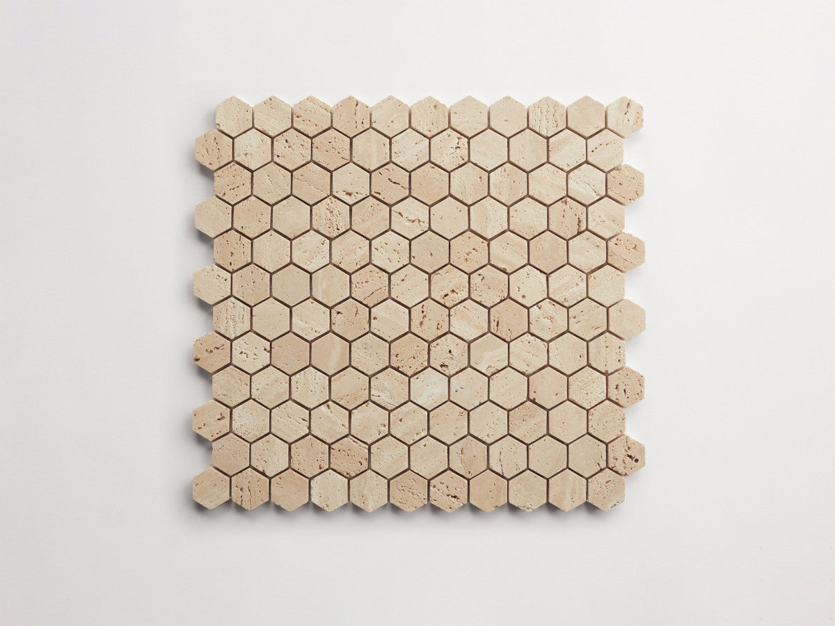 clé lapidary: pietrelle | petite hex mosaic sheet | honed | beige travertine ~ 1"x1⅛"x⅜"