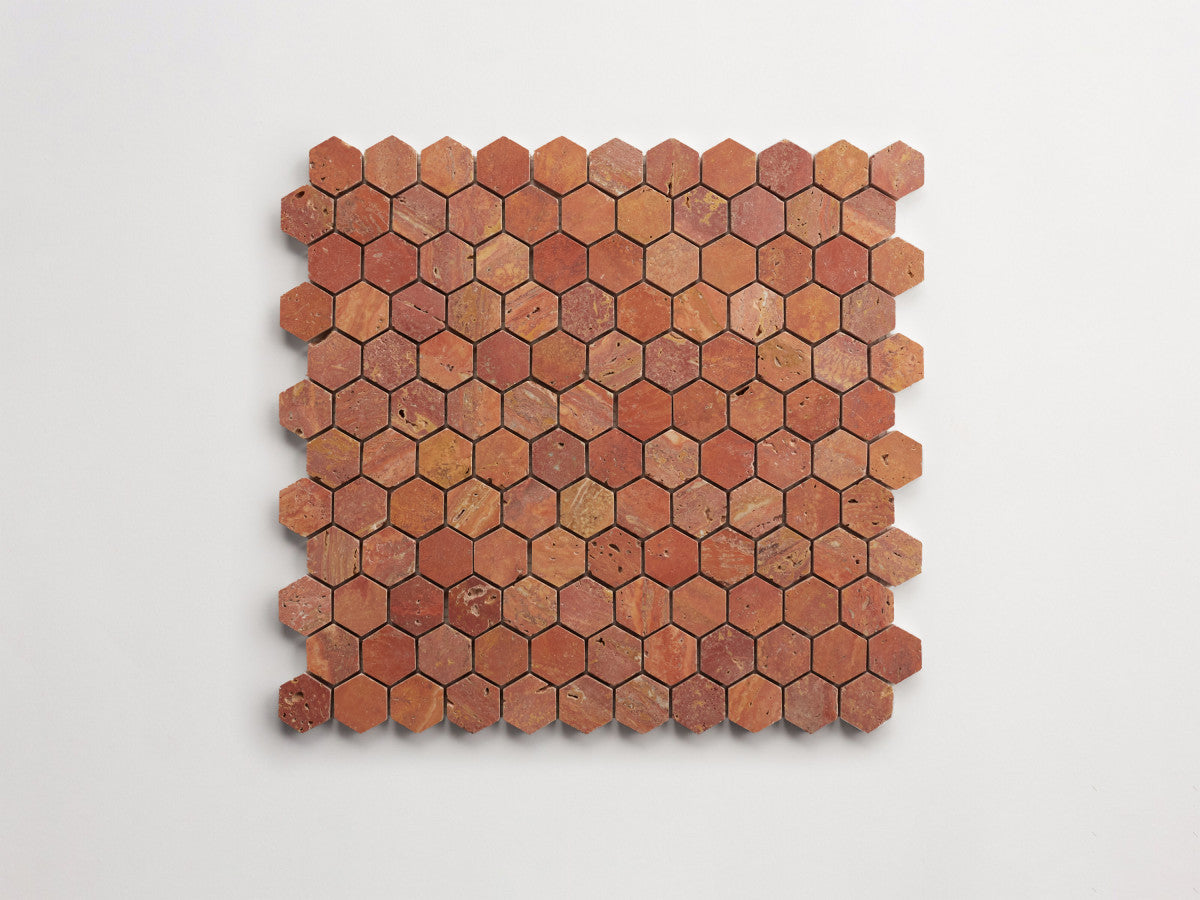 clé lapidary: pietrelle | petite hex mosaic sheet | honed | red travertine ~ 1"x1⅛"x⅜"