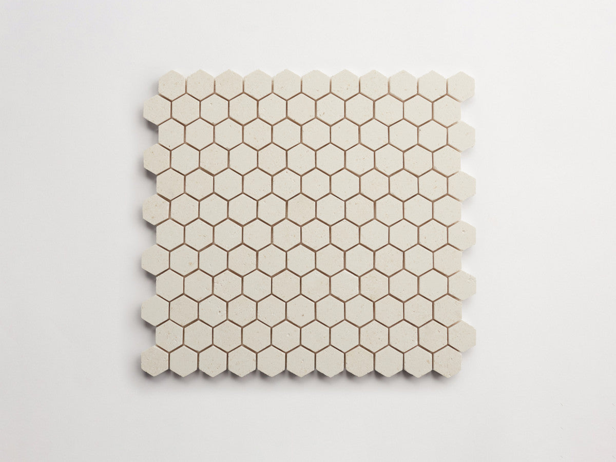clé lapidary: pietrelle | petite hex mosaic sheet | honed | white limestone ~ 1"x1⅛"x⅜"