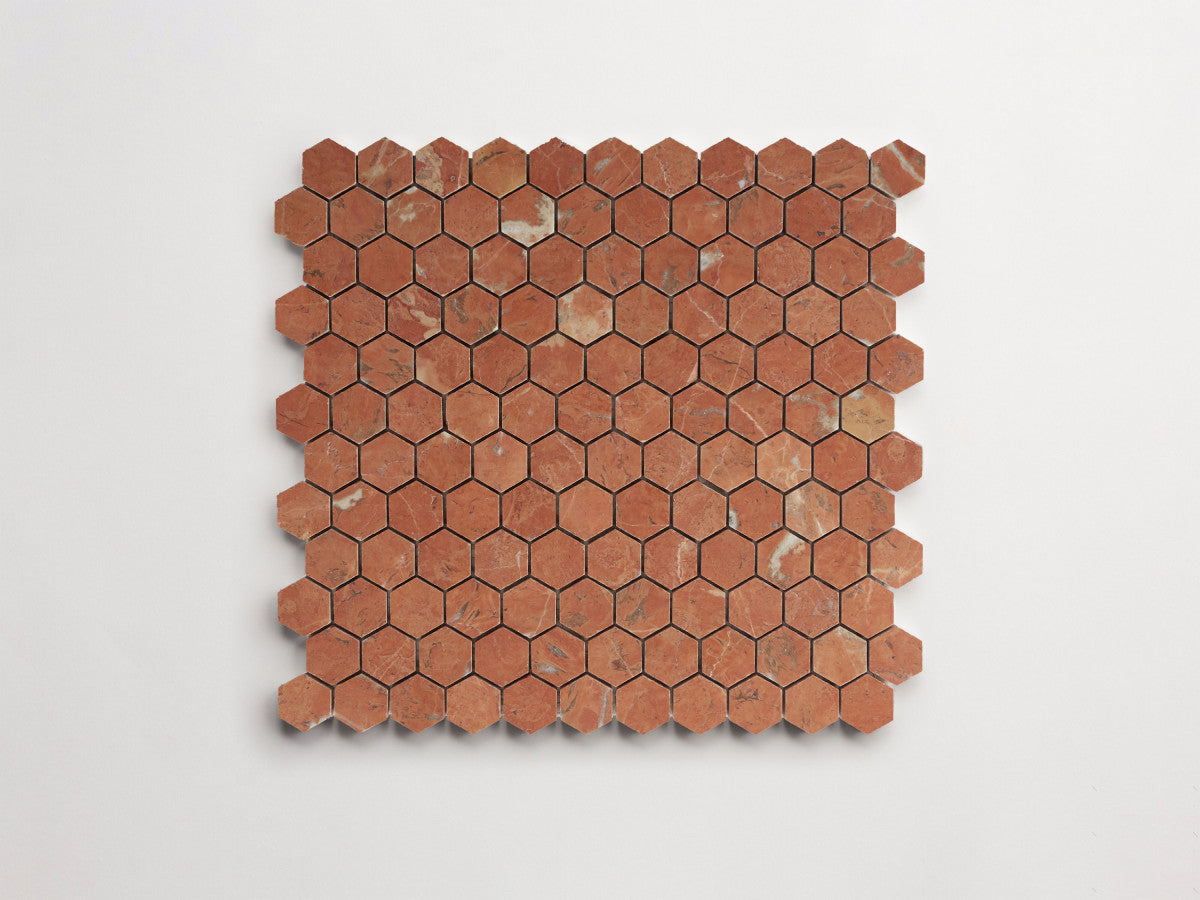 clé lapidary: pietrelle | petite hex mosaic sheet | honed | rojo alicante ~ 1"x1⅛"x⅜"