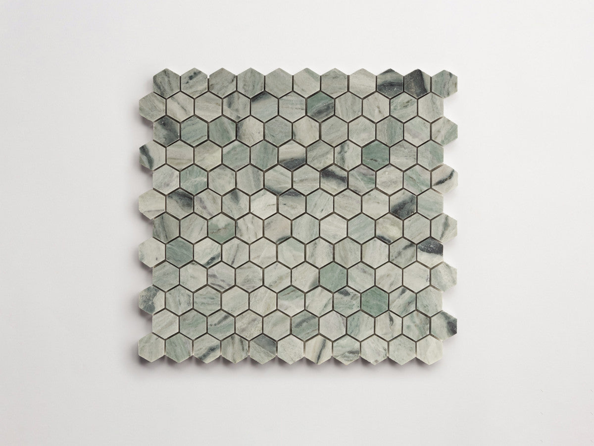 clé lapidary: pietrelle | petite hex mosaic sheet | honed | jade green ~ 1"x1⅛"x⅜"