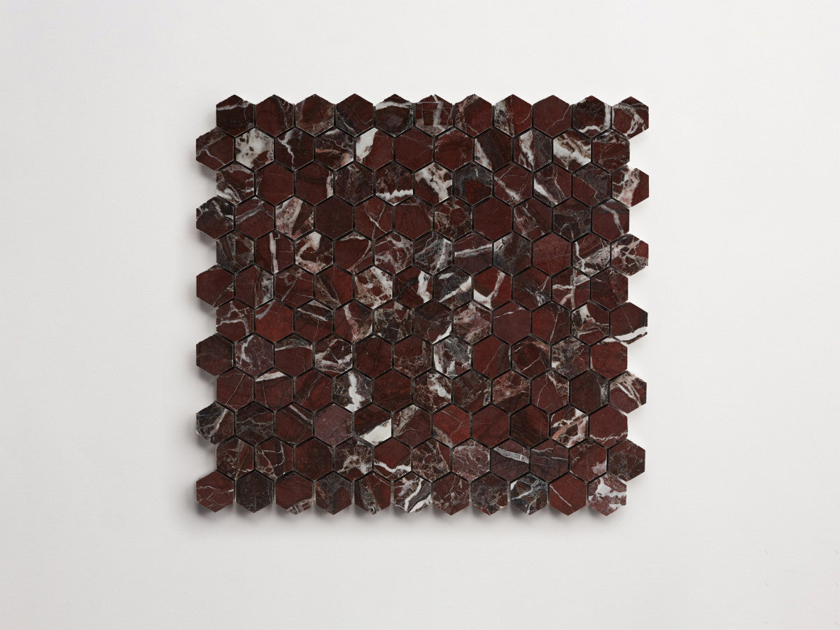 clé lapidary: pietrelle | petite hex mosaic sheet | honed | rosso italiano ~ 1"x1⅛"x⅜"