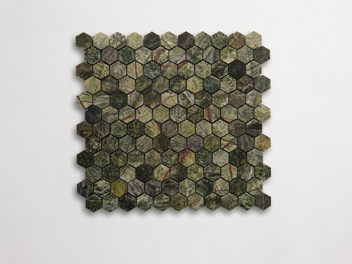 clé lapidary: pietrelle | petite hex mosaic sheet | honed | galician green ~ 1"x1⅛"x⅜"