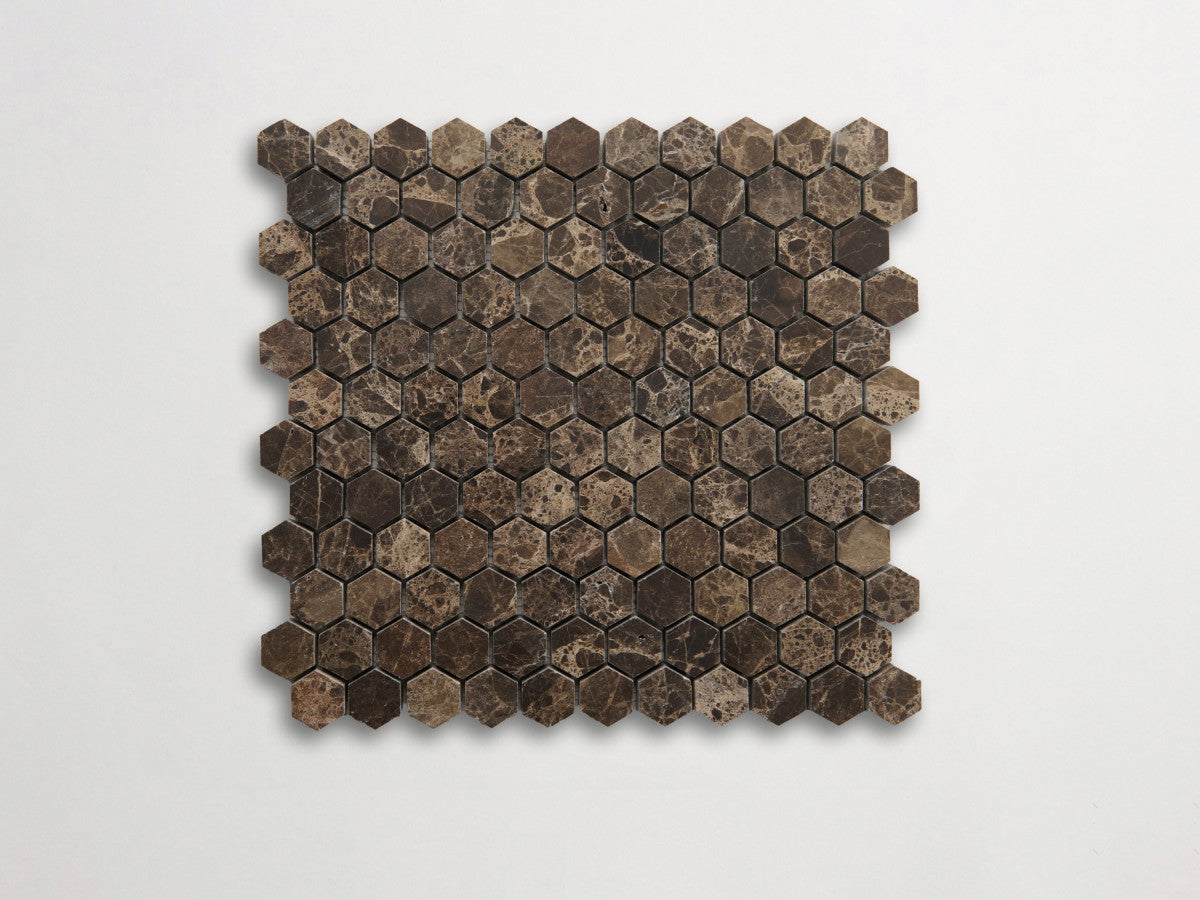 clé lapidary: pietrelle | petite hex mosaic sheet | honed | iberian chocolate ~ 1"x1⅛"x⅜"