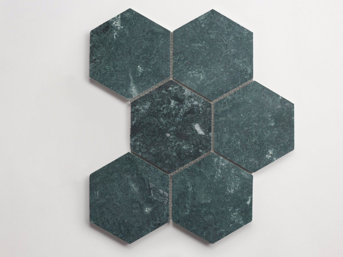 clé lapidary: pietrelle | six hex mosaic sheet | honed | verde marble ~ 5"x5¾"x⅜"
