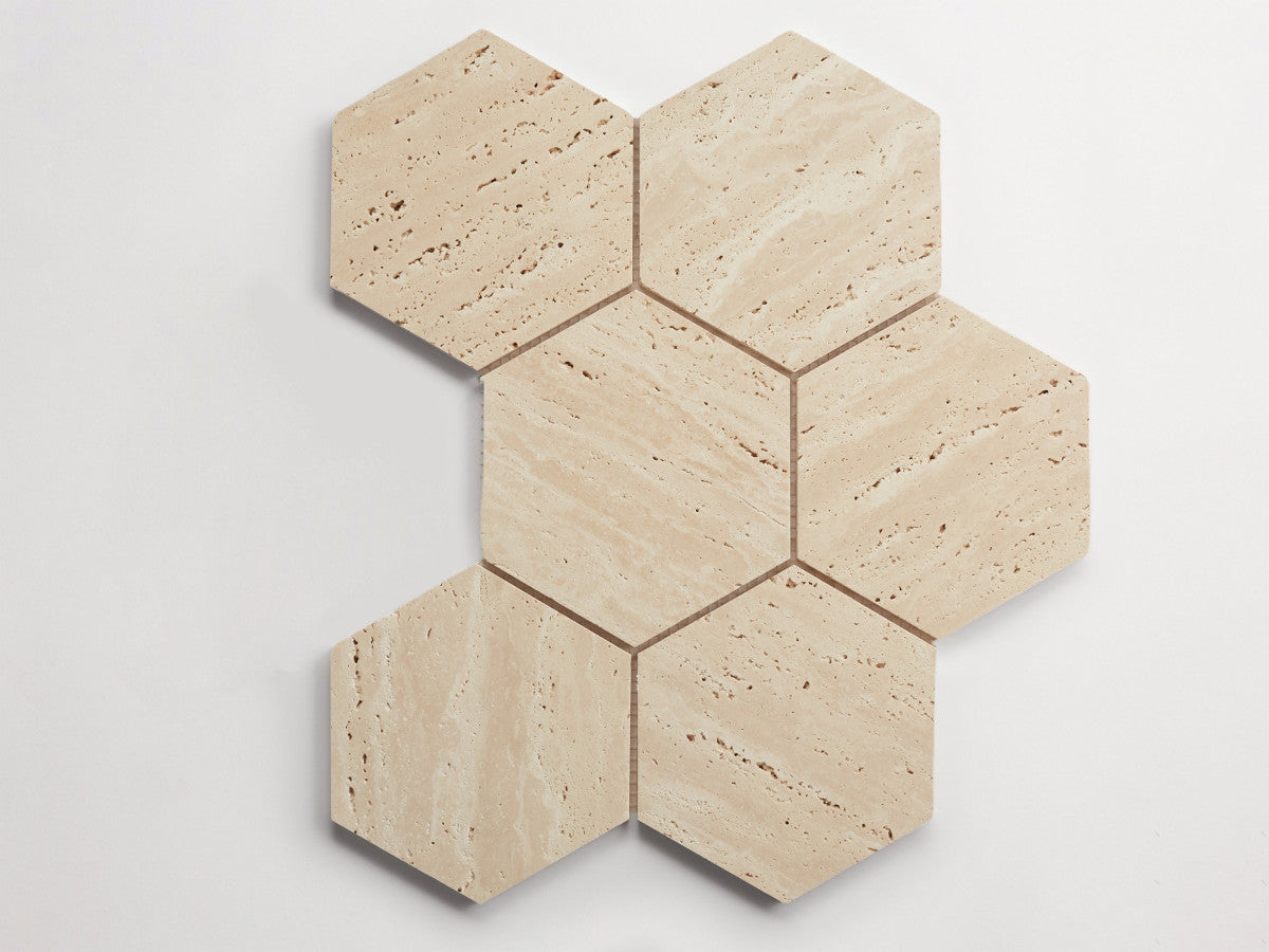 clé lapidary: pietrelle | six hex mosaic sheet | honed | beige travertine ~ 5"x5¾"x⅜"