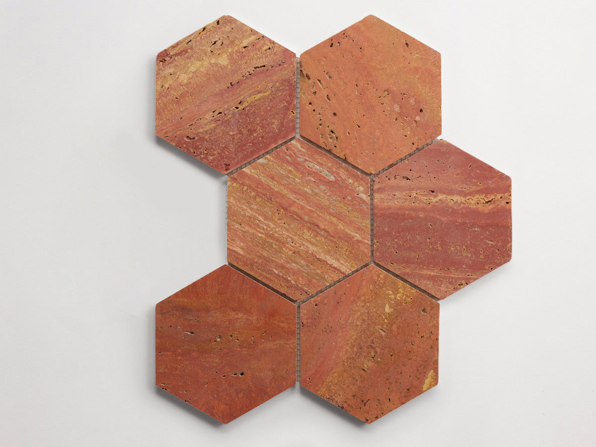 clé lapidary: pietrelle | six hex mosaic sheet | honed | red travertine ~ 5"x5¾"x⅜"