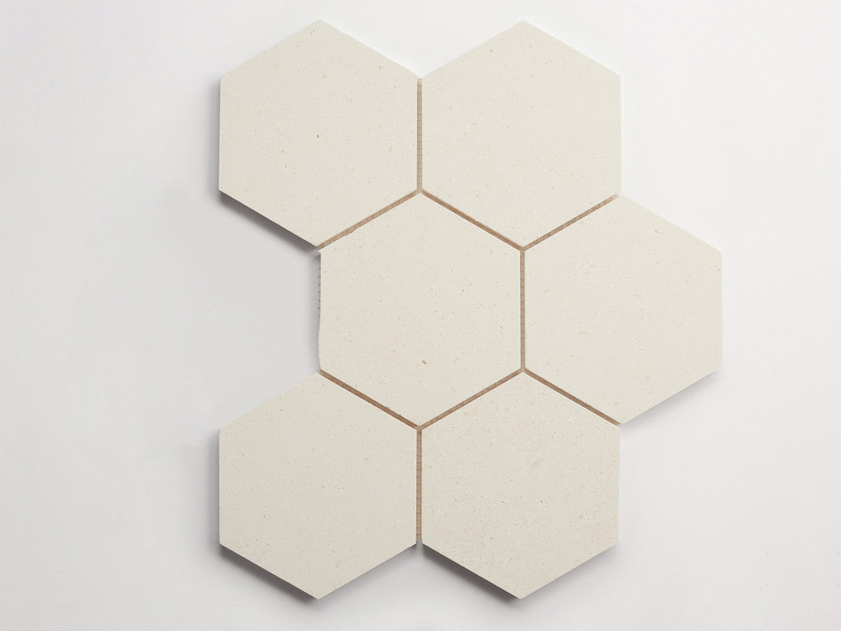 clé lapidary: pietrelle | six hex mosaic sheet | honed | white limestone ~ 5"x5¾"x⅜"