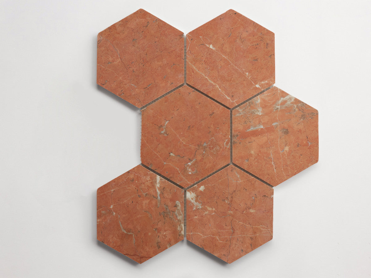 clé lapidary: pietrelle | six hex mosaic sheet | honed | rojo alicante ~ 5"x5¾"x⅜"
