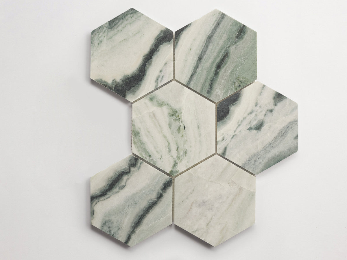 clé lapidary: pietrelle | six hex mosaic sheet | honed | jade green ~ 5"x5¾"x⅜"