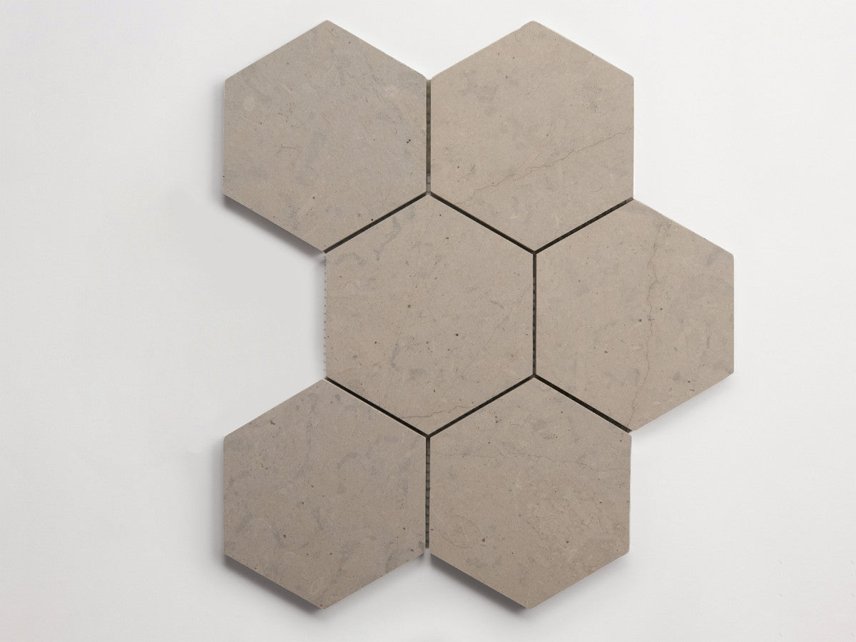 clé lapidary: pietrelle | six hex mosaic sheet | honed | alpaca grey ~ 5"x5¾"x⅜"